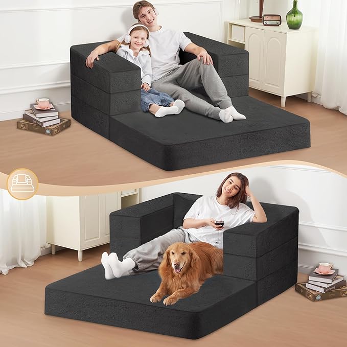 Futon Sofa Bed with Pillow, 3-in-1 Sleeper Sofa Bed with Removable Cover, Convertible Floor Sofa Bed, No Assembly Boneless Couch for Living Room, Bedroom