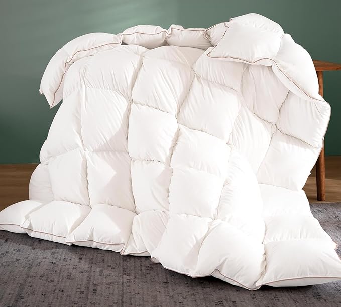Puffy White Feather Comforter Oversize King with Feathers Down Fiber Filled, All Season Feather Duvet Insert, 100% Cotton Luxury Hotel Collection, 8 Corner Loops