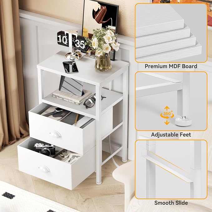 Furologee Nightstands Set of 2, End Tables Set of 2 with Charging Station and LED Lights, White Night Stands with 2 Fabric Drawers, Bedside Tables for Living Room/Bedroom - Image 6