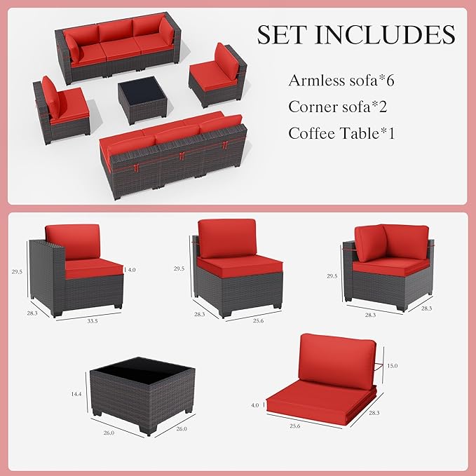 Gotland 9 Pieces Patio Furniture Set with 29.5'' High Backrest, All Weather PE Wicker Outdoor Furniture with 4’’ Thickened Cushions Coffee Table, Patio Set for Deck, Garden, Backyard, Red