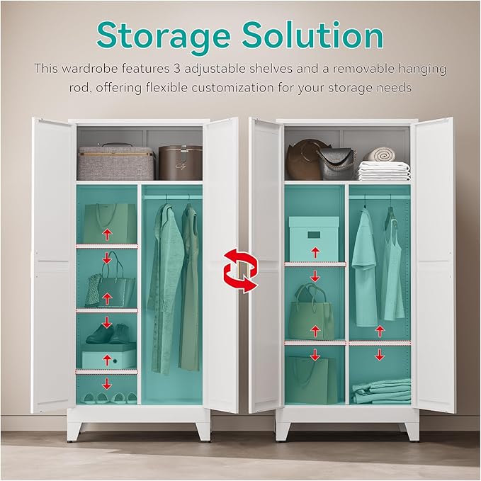 71" Tall Metal Armoire Wardrobe Closet with Hanging Rod and 3 Adjustable Shelves,White Storage Cabinet,Steel Wardrobe for Bedroom Garage Laundry Room Office Apartment Amployees,6 Tier 1 Pack