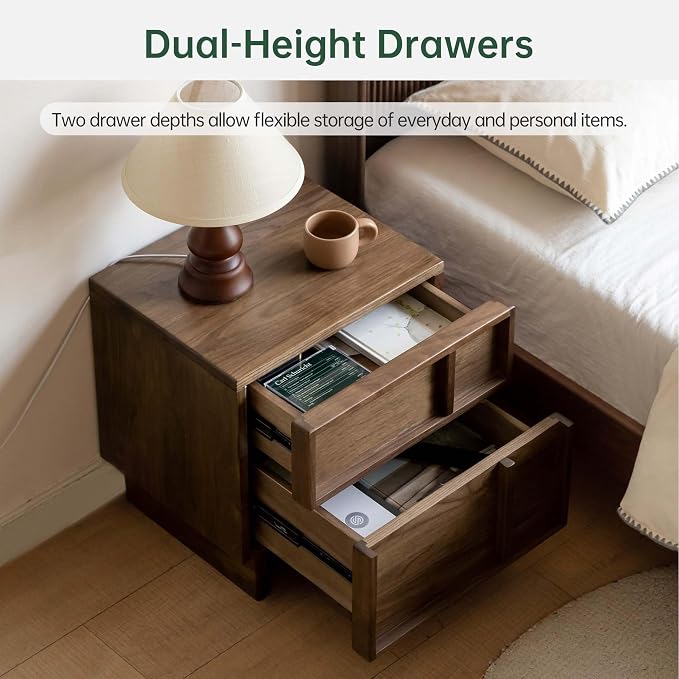 YESWOOD Solid Wood Nightstand, Walnut Nightstand with Drawers, Mid Century Modern Nightstands, Wood Bedside Table for Small Space. Boho Night Stand, Fluted Night Stands for Bedroom, 18.90" H - Image 5