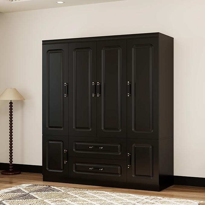 Armoire Wardrobe Closet with 4 Doors, Tall Wooden Armoire Wardrobe Closet with 2 Drawers and 2 Hanging Rods, Armoires and Wardrobes, Clothes Storage Organization for Bedroom Black