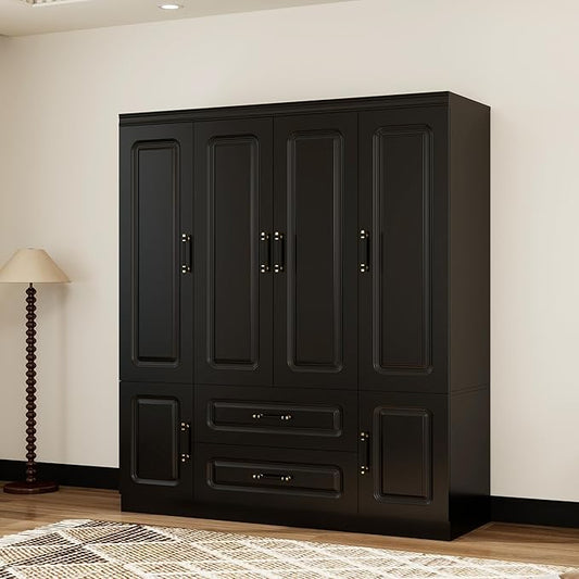 Armoire Wardrobe Closet with 4 Doors, Tall Wooden Armoire Wardrobe Closet with 2 Drawers and 2 Hanging Rods, Armoires and Wardrobes, Clothes Storage Organization for Bedroom Black