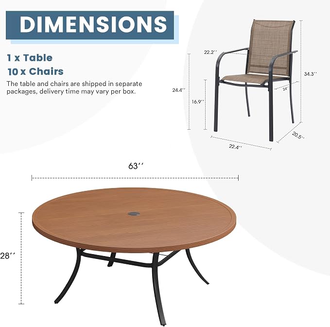 DIFY Patio Dining Set for 10, 11 Piece Outdoor Table and Chairs Set, 63" Walnut Round Metal Patio Dining Table and Brown Textilene Stackable Patio Chairs, for Backyard Garden Poolside - Image 8