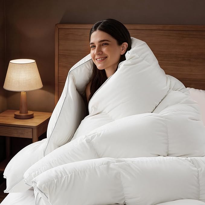 downluxe Feather Down Fiber Comforters King Size Fluffy All Season Duvet Insert Soft Breathable Bedding Comforter with Box Stitch Design & 8 Duvet Loops