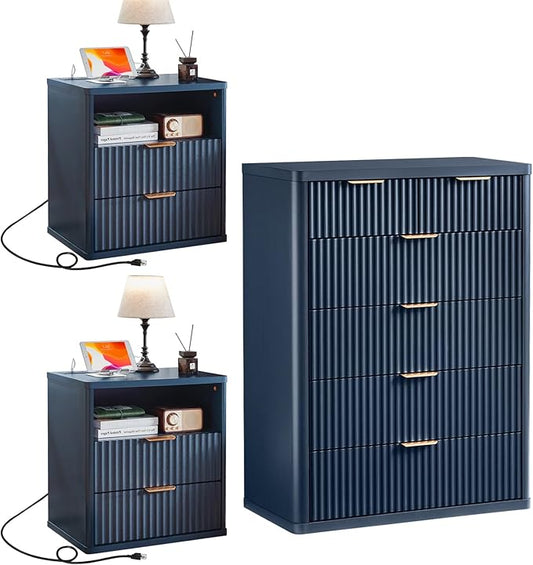 LEYAOYAO 42" Tall Fluted Dresser and 2 Drawers 23" Nightstand Set of 2, Wooden Dresser & Night Stand with Charging Station, 3 Piece Bedroom Furniture Set, Chest of Drawer for Living Room,Navy Blue