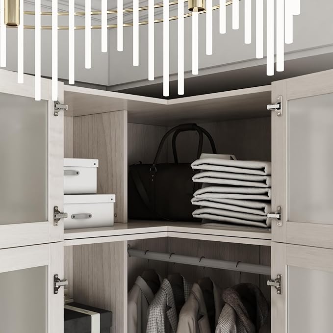 L-Shape Wardrobe Armoire Closet with Hanging Rod & Shelf, Bedroom Armoire with Frosted Glass Doors, Top Cabinets & Gold Knobs, Wood Grain, 35.4”D x 35.4”W x 86.6”H