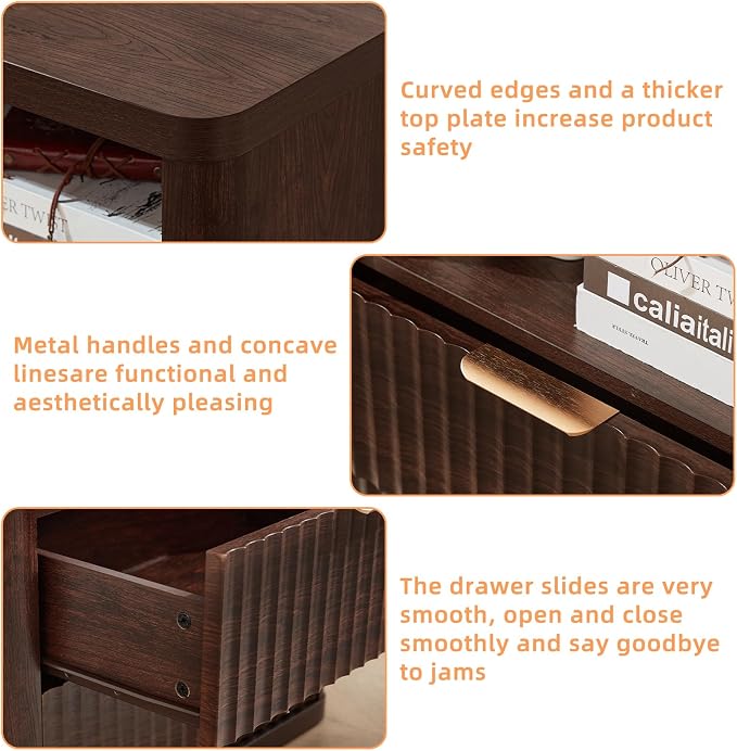 LEYAOYAO 23" Wide Fluted Farmhouse Night Stand Set of 2 with Charging Station, 2 Drawers Large End Table w/Metal Handle, Walnut Nightstand Bedside Table,Wood Dresser for Bedroom, Closet - Image 7