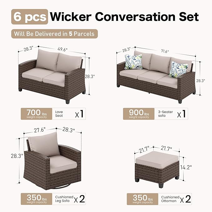 Swivel Glider Patio Furniture Set Outdoor Furniture Brown Wicker Rattan Patio Conversation Sets with Cushion Outside Sofa Set,6 Pieces 9 Seats,Beige
