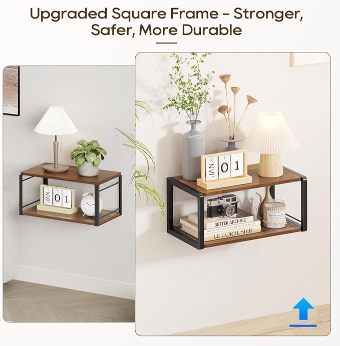 Floating Nightstand Set of 2, Wood Bedside Shelf Wall Mounted Nightstand with Heavy-Duty Frame, Floating Bedside Table for Bedroom, Bathroom, Kitchen, (Vintage Brown, 2 Pack) - Image 3