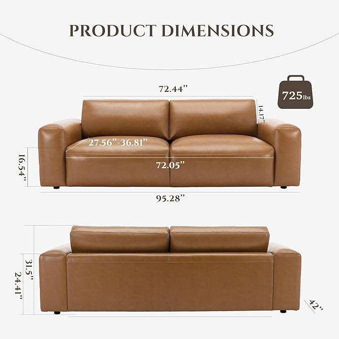 COLAMY PU Leather Sofa Couch, 95" Oversized Sofa Loveseat for Living Room, Comfy Love Seat Couch with Extra Deep Seats, Wide Arm, Down Filled 3-Seater Modern Sofa for Apartment/Lounge/Bedroom-Brown