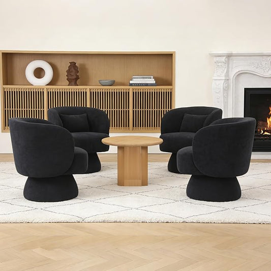 ClinQ Swivel Barrel Chair with Pillow Set of 4, Cloud Velvet Accent Chair, Upholstered Cuddle Reading Lounge Chair, 360° Modern Boucle Swivel Curved Armchair for Living Room, Bedroom, Office, Black