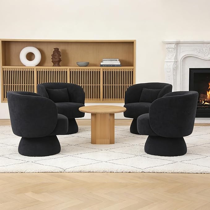 ClinQ Swivel Barrel Chair with Pillow Set of 3, Cloud Velvet Accent Chair, Upholstered Cuddle Reading Lounge Chair, 360° Modern Boucle Swivel Curved Armchair for Living Room, Bedroom, Office, Black