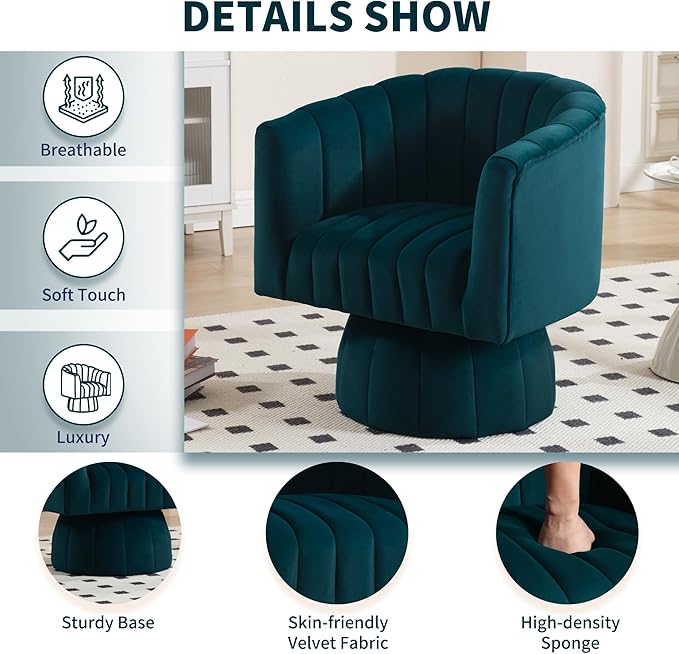 Swivel Accent Barrel Chair Set of 2- Cute Comfy Small Round 360° Arm Chair Velvet Sofa Club Reading Chair for Living Room Bedroom Office Green