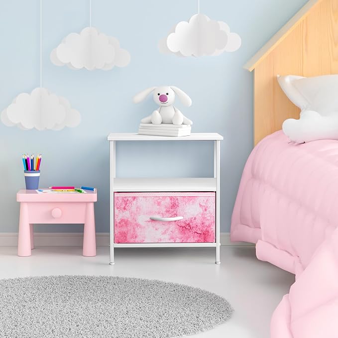 Sorbus 1 Drawer Shelf Storage Nightstand - Kids Bedside Furniture End Table Night Stand with Steel Frame Wood Top & Easy Pull Fabric Bins. Dresser & Chest for Home Bedroom Accessories Office & College - Image 2