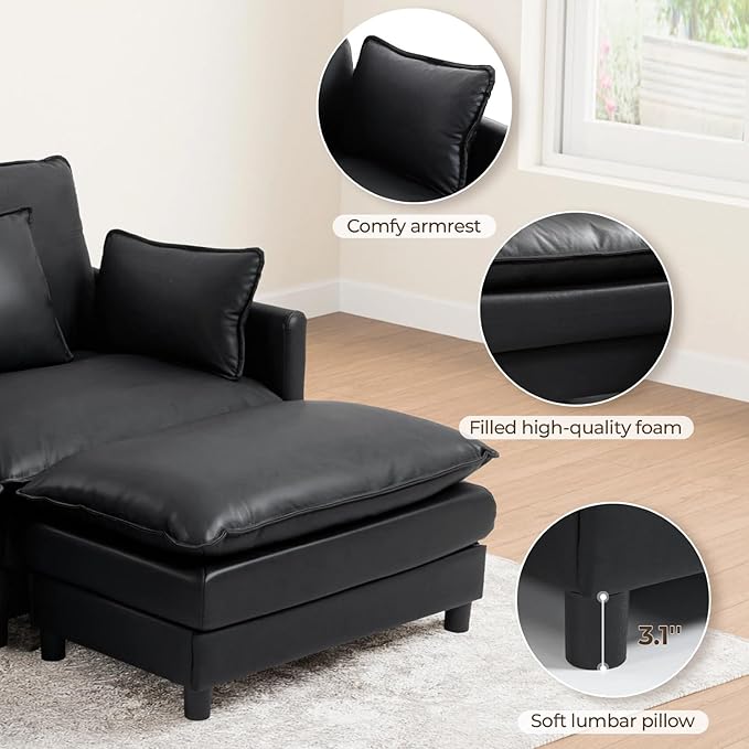 L Shaped Cloud Sofa, 4-Seater Modular Couch with Double Layer Upholstered Seat Cushion, PU Sleeper Sofa with Ottoman & Pillows, Comfort Couches for Living Room, Bedrooms & Apartments, Black