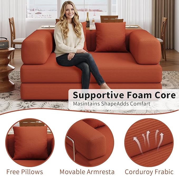Folding Sofa Bed, 4 in 1 Convertible Sofas to Lounger Comfy Single Bean Bag Chair Floor Portable Foldable Sleeper Lazy Futon Couch Chair for Bedroom, Living Room (Orange, 53.15" Double Sofa)