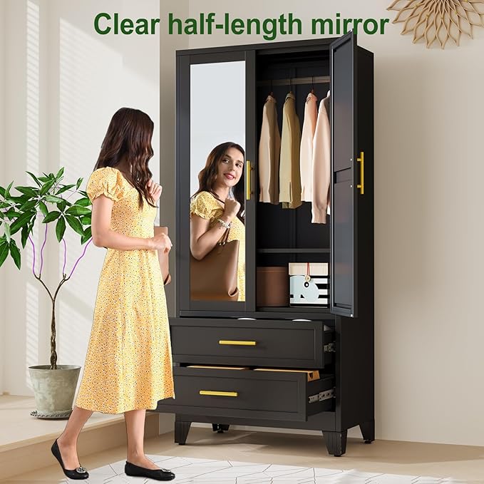 winiowa Metal Armoire Wardrobe Closet with 2 Drawers, 71" Wardrobe Cabinet with Adjustable Shelves and Hanging Rod, Clothing Storage Cabinet Closet with Mirror for Bedroom-Black