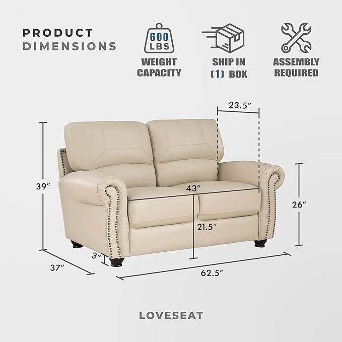 Lexicon Leather Match Couch for Living Room with Wood Frame, Rolled Armrest & Nailhead Trim, Top Grain Leather Match Sofa for Bedroom, Office, Waiting Room, 2-Seater Loveseat, Cream