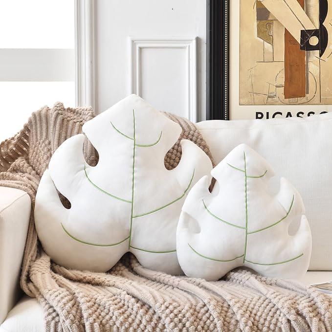 Leaf Pillow, Cute Decorative Throw Plant Pillow Aesthetic Decor Nature Pillow for Bed Couch, Leaves Shaped Pillow Perfect for Bedroom Living Room (White, 19.6 Inches)
