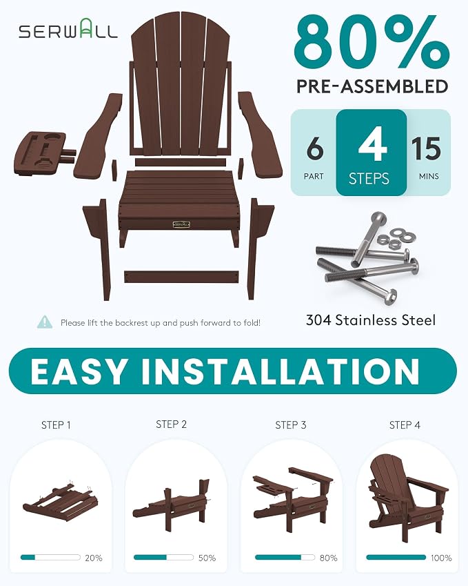 SERWALL Folding Adirondack Chair for Outdoor, Paito Adirondack Chairs with 4 in 1 Cup Holder, All-Weather Patio Chairs with Wood Texture, Fire Pit Chairs for Deck Porch Garden Poolside -Coffee - Image 4
