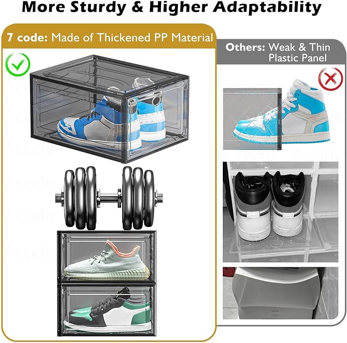 7 code Thicken & Sturdy Clear Shoe Storage Organizer with Magnetic Door, Stackable Boxes for Closet, Foldable Shoe Rack for Sneaker Boot Container, Plastic Shoe Cabinet Shoe Box 6 Pack, Black - Image 6