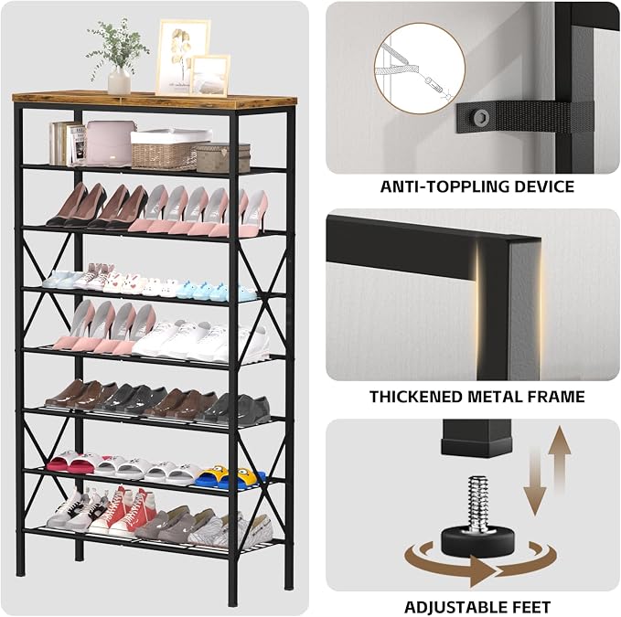 8 Tiers Tall Shoe Rack Organizer, Large Capacity Shoe Rack Holds 32 Pairs of Shoes, Durable and Stable, Adjustable Metal Shelf Stackable Shoe Shelf for Entryway, Hallway, Living Room, Closet - Image 6