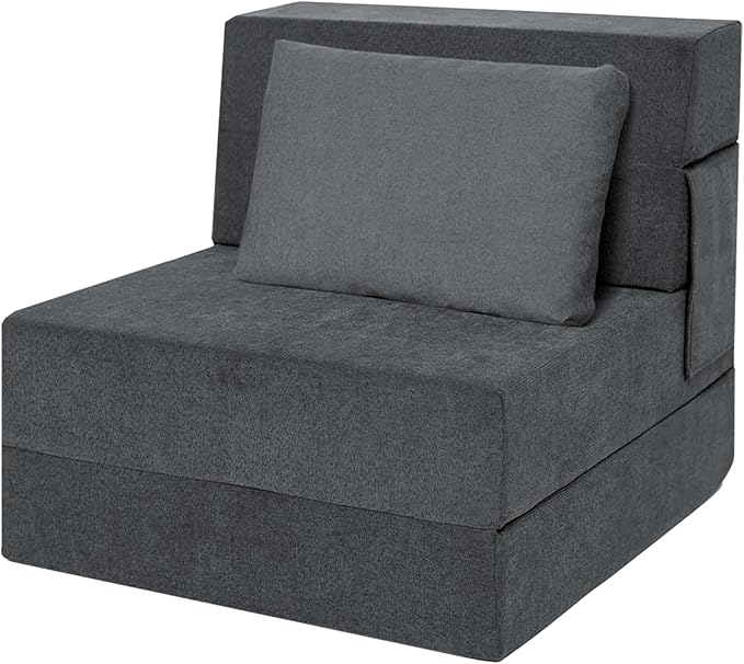 Folding Sofa Bed Chair with Pillow,Convertible Fold Out Chair Bed Sleeper,Foam Floor Mattress, Foldable Futon Couch Bed for Living Room/Dorm/Guest/Office (Grey, Single)