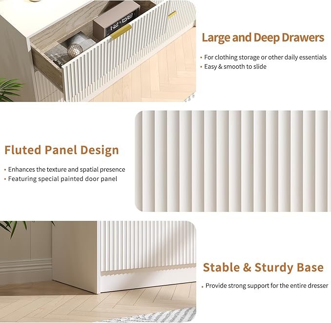 Dresser and Nightstand Sets, 6 Drawer Dresser Set for Bedroom 3 Piece, 55” Wide Wooden Fluted White Dressers W/Metal Handle & Night Stand Set of 2, Modern Bedroom Furniture Sets, White