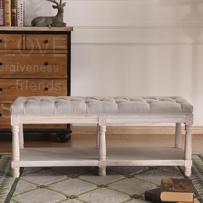 Farmhouse Storage Bench Wooden Entryway Upholstered Tufted Ottoman Bench for Bedroom End of Bed Hallway Organizer, Beige by Janoray