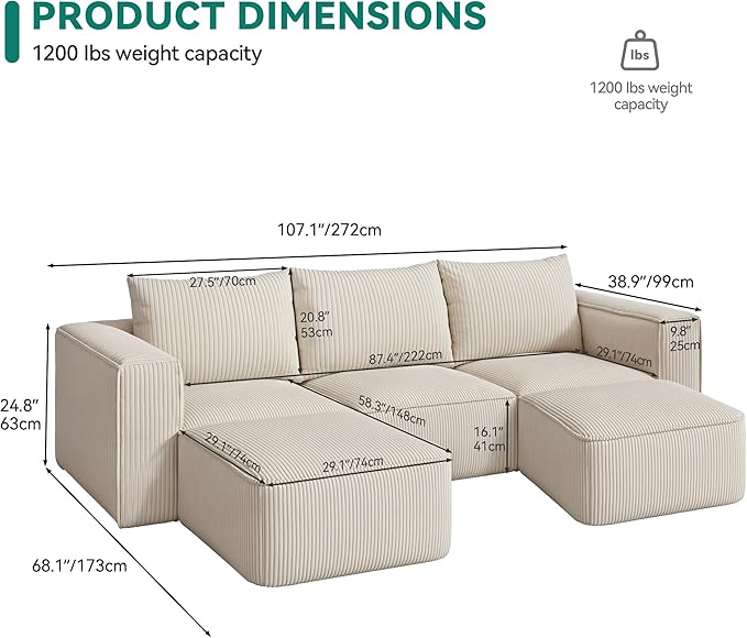 YITAHOME 107" Modular Sectional Sofa, L-Shape Boneless Couch 3 Seat with 2 Ottoman, Sectional Couches for Living Room