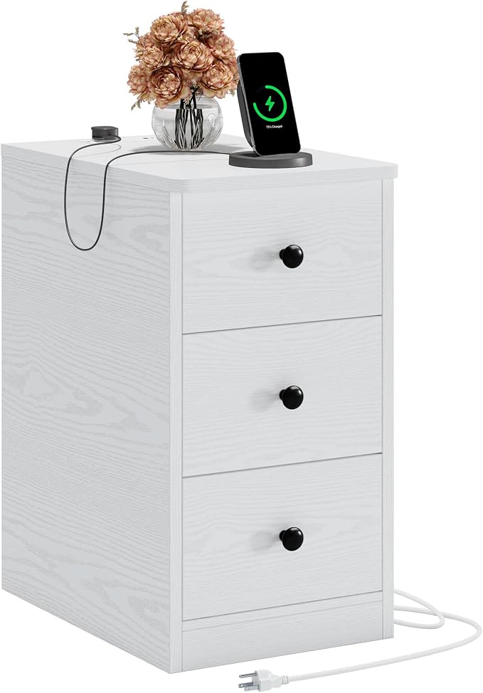 LIKIMIO Nightstand with Charging Station, Narrow Bedside Table with 3 Drawers, End Table with USB Ports and Outlets, Side Table for Living Room/Bedroom Modern by LIKIMIO