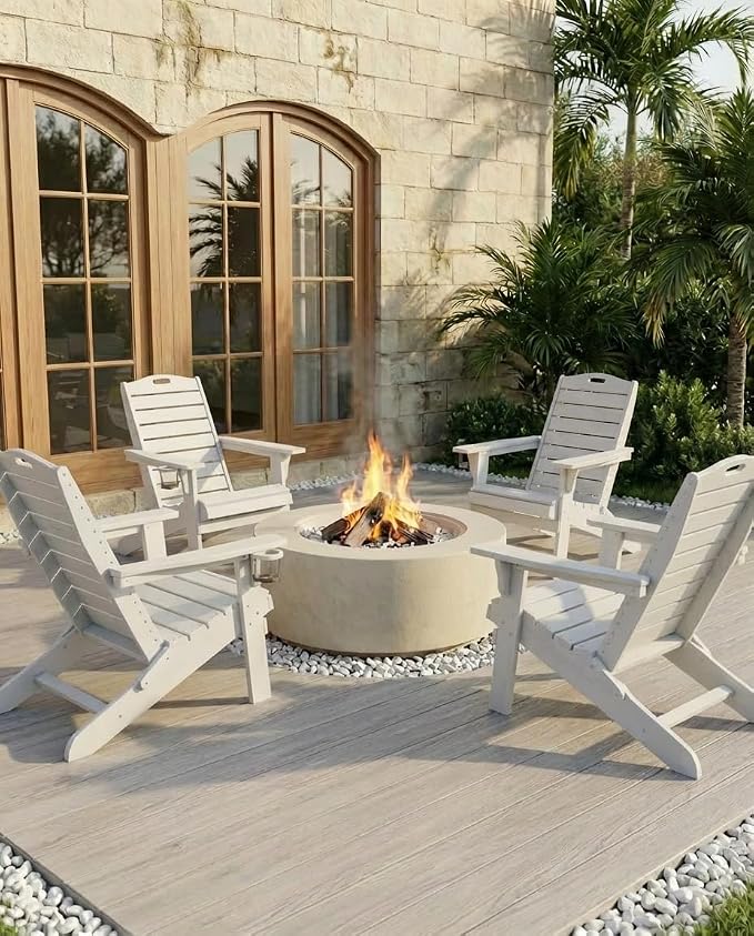 Adjustable Adirondack Chairs Set of 4 with Retractable Ottoman, HDPE Folding Adirondack Chair with Cup Holders, Weather Resistant for Backyard, Poolside & Fire Pit (White) - Image 2