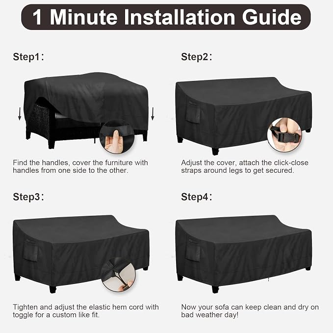 PureFit Outdoor Couch Cover Waterproof Patio Sofa Furniture Covers, 3-Seater Outdoor Cover with Air Vent and Handles, 78W x 35D x 35H Inches, Black - Image 7