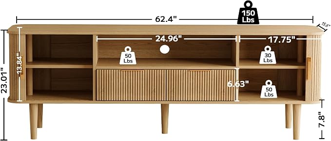 62.4 Inch Fluted TV Stand, Modern Media Console Table with Sliding Tambour Door Farmhouse Sideboard Buffet Cabinet Fits TVs up to 75 inch, Wood Entertainment Center for Living Room(Oak) - Image 2
