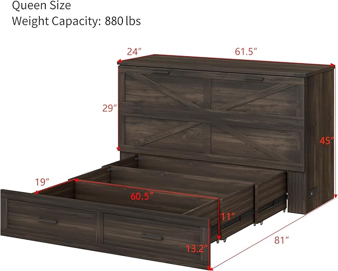 Bellemave Queen Murphy Bed, Cabinet Bed with Charging Station and Storage, Farmhouse Murphy Cabinet with Foldable Panel, Noisy Free, for Guest Bedroom, Living Room, Office, Rustic Gray