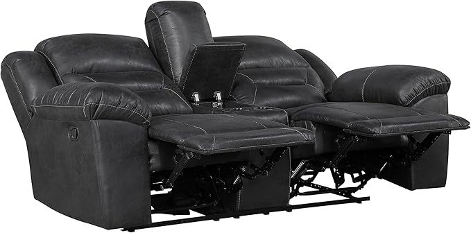 Lexicon Double Recliner Loveseat with Center Console, Wall Hugger Manual Reclining Couch, Textured Microfiber Upholstered Dual Reclining Love Seat, Home Theater Seating, Required Assembly, Black