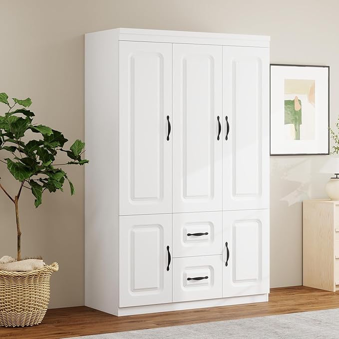 Armoire Wardrobe Closet with 2 Doors, White Cabinet with 2 Drawers and Clothes Storage Organizer, Modern Style with Hanging Rod Shleves Suitable for Bedroom(47.24" W x 20.47" D x 70.87" H)