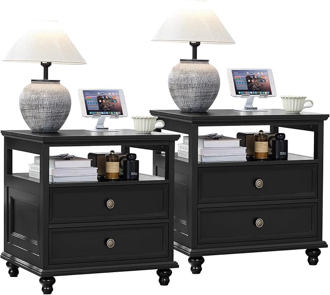 Joaxswe 24" Wide Farmhouse Night Stand Set of 2,Large End Table with 2 Drawers & Metal Handle,Black Wood Dresser for Bedroom, Bed Side Table Chest of Drawers Cabinet, Nightstand for Living Room,Closet by Joaxswe