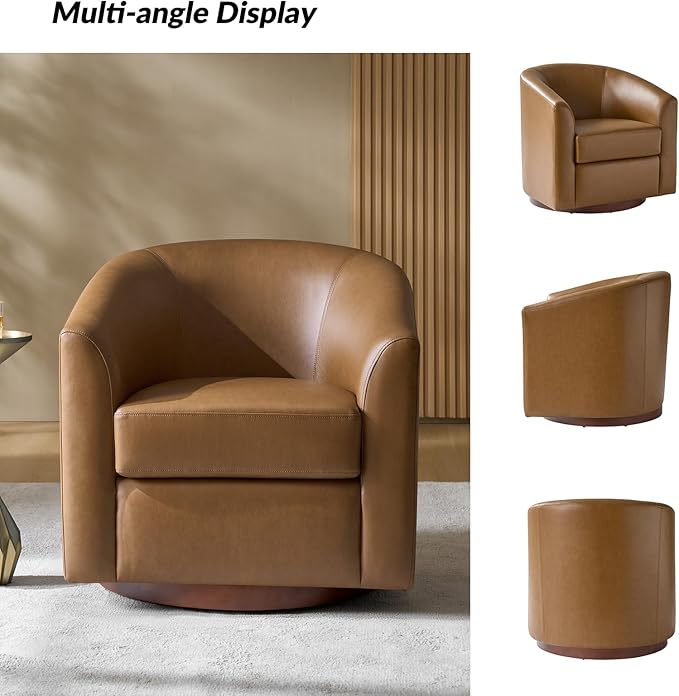 HULALA HOME Faux Leather Swivel Accent Chairs Set of 2 with Solid Wood Base, Round Swivel Barrel Chairs for Living Room and Bedroom, Camel