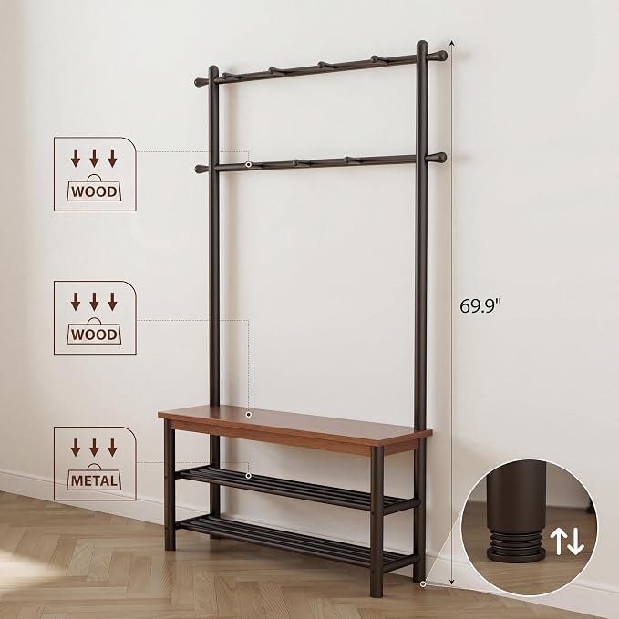 Coat Rack with Shoe Storage, Wood and Metal Frame, Entryway Hall Tree with Bench, Featuring 11 Hooks and 2-Tier Storage Shelves, 3-in-1, Entry Bench with Coat Rack (39.4" Walnut) - Image 5