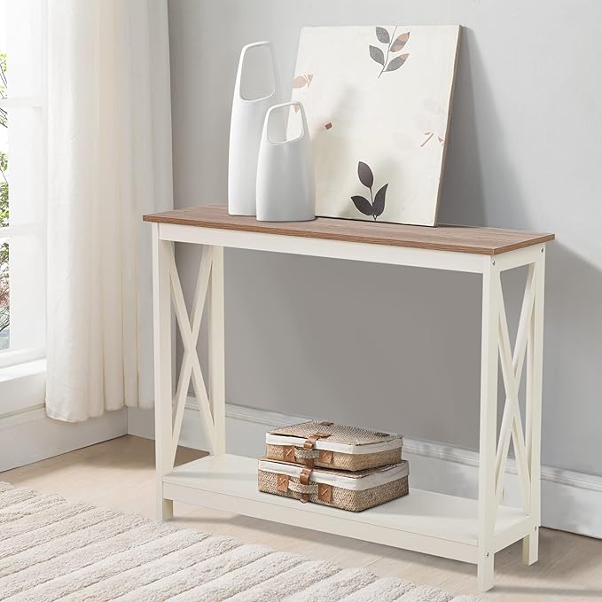 Sophia & William Farmhouse Console Table with Storage Shelf, 2 Tier Sofa Table for Entryway, Hallway, Living Room, Ivory