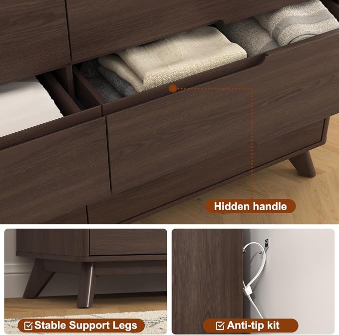 Dresser for Bedroom with 6 Drawers, 55" Large Dresser w/Charging Station, Open Shelf Top, Pre-Installed Slides, Wood Closet Clothes Storage Long Dressers for Bedroom, Living Room, Hallway, Brown - Image 6