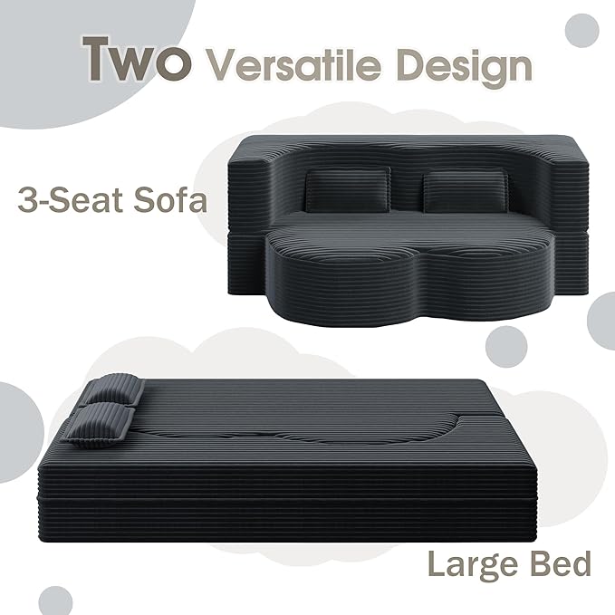 78" Convertible Sofa Bed, 2-in-1 Folding Floor Couch with 2 Pillows, Sleeper Sofa for Living Room and Bedroom, No Assembly Required (Dark Grey, Corduroy Fabric)