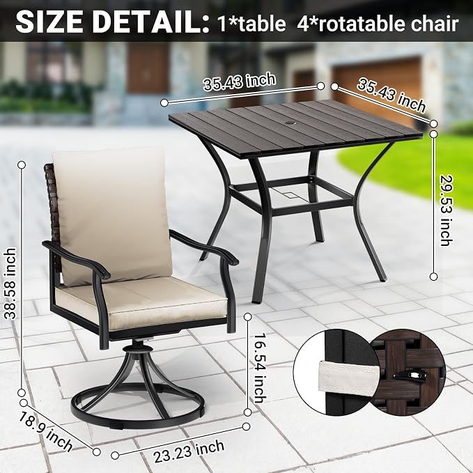 LEVELEVE 5 Piece Outdoor Patio Dining Set with 4 Swivel Dining Chairs & 1 Large Round Dining Table,Bistro Furniture Set for Lawn, Garden, Deck, Backyard and Porch - Image 2