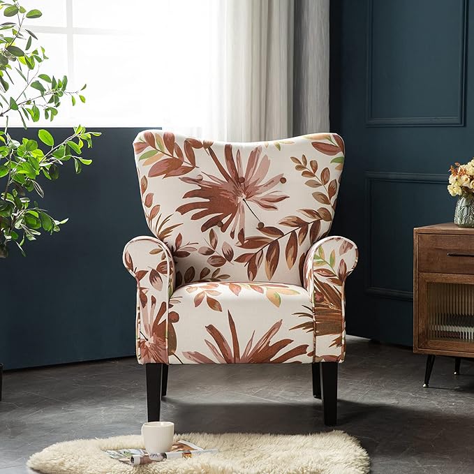 YOLENY Mid Century Wingback Arm Chair,Modern Upholstered Fabric High Back Accent Chair with Wood Legs,Upholstered Single Sofa Club Chair for Living Room, Bedroom, Home Office,Red Leaves