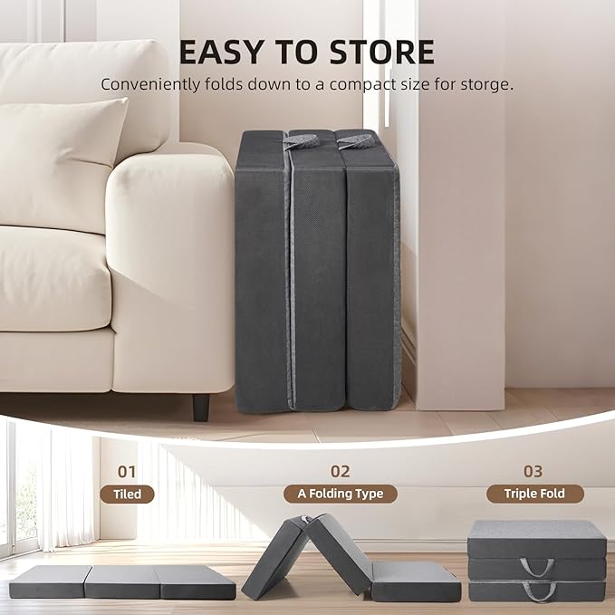 Tri Folding Mattress - Foldable Mattress for Travel/RV/Camping/Road Trip/Guest Room/Yoga, Tri-fold Memory Foam Mattress with Washable Cover, Handle & Non-Slip Bottom