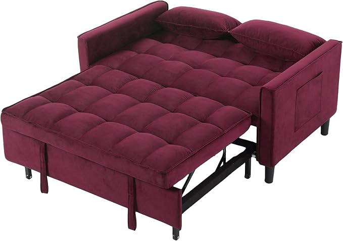 3 in 1 Convertible Sofa Bed, Love Seat Sleeper Bed with Side Pockets, Velvet Fabric Pull Out Couch with Adjustable Backrest for Living Room, Bedroom, Apartment, Purplish-Red
