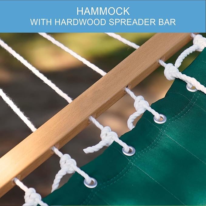 Lazy Daze Hammocks 12 FT Double Quilted Fabric Hammock with Spreader Bar and Detachable Pillow, 2 Person Hammock for Outdoor Patio Backyard Poolside, 450 LBS Weight Capacity, Dark Green - Image 3
